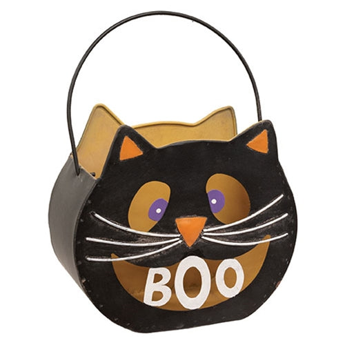 Distressed Metal Boo Cat Luminary Bucket