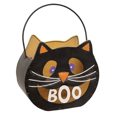 Distressed Metal Boo Cat Luminary Bucket