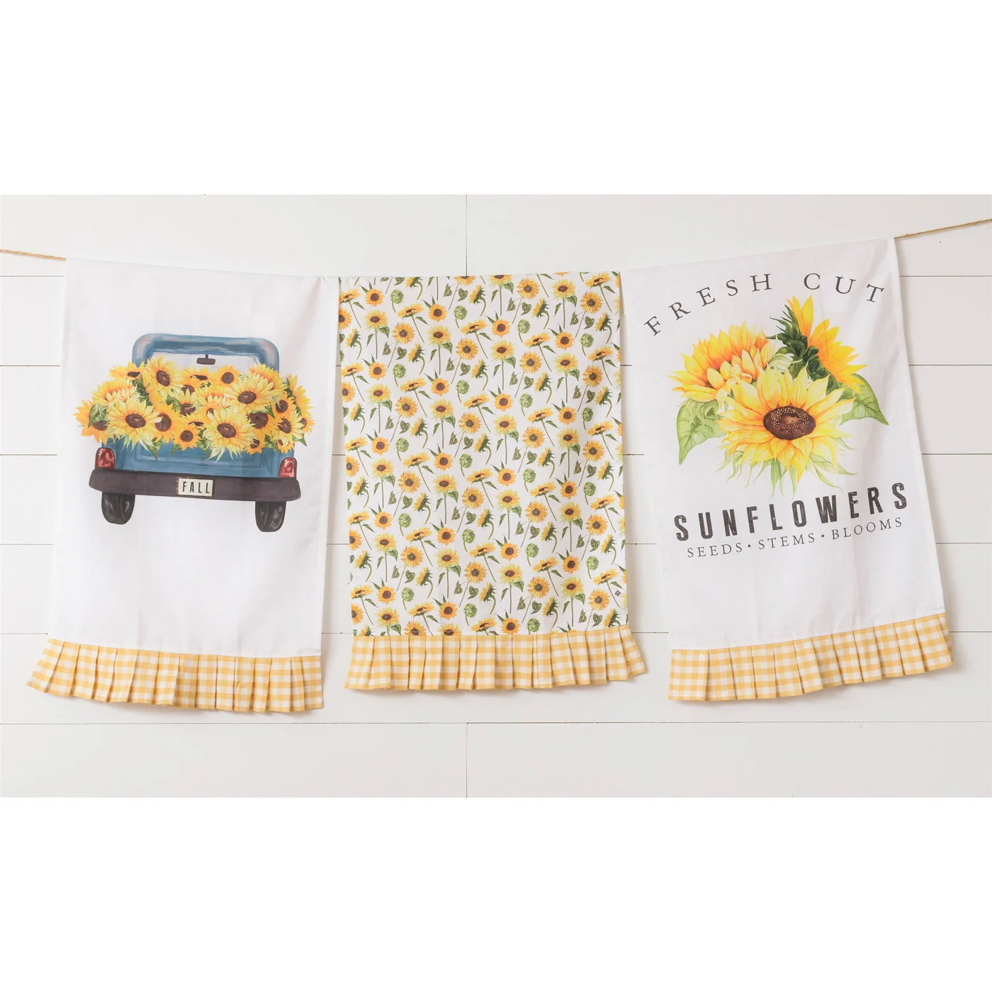 Fresh Cut Sunflowers and Blue Truck Kitchen Towels Set of 3