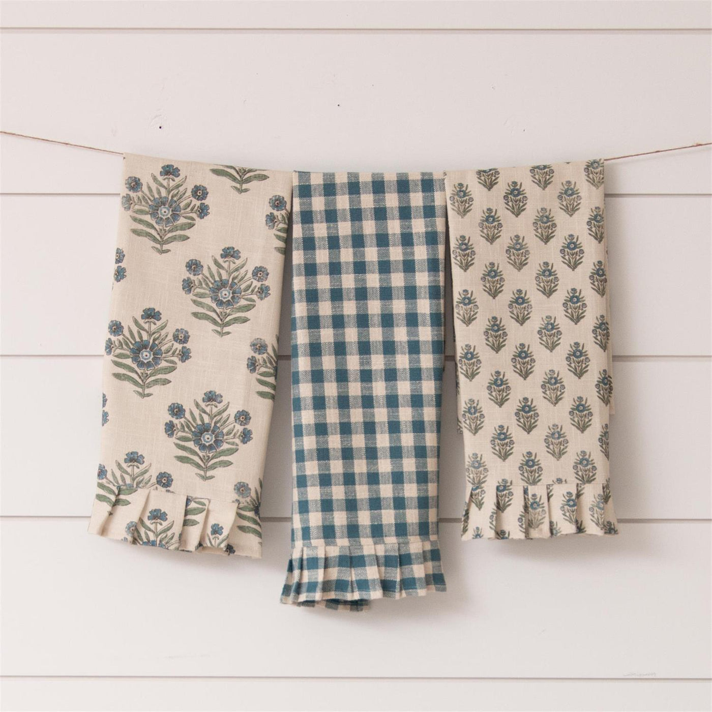 Set of 3 Blue Block Print Silhouette Tea Towels