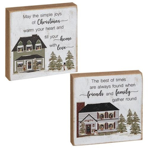 💙 Set of 2 Christmas Joy of Family House Square 4" Small Block Signs