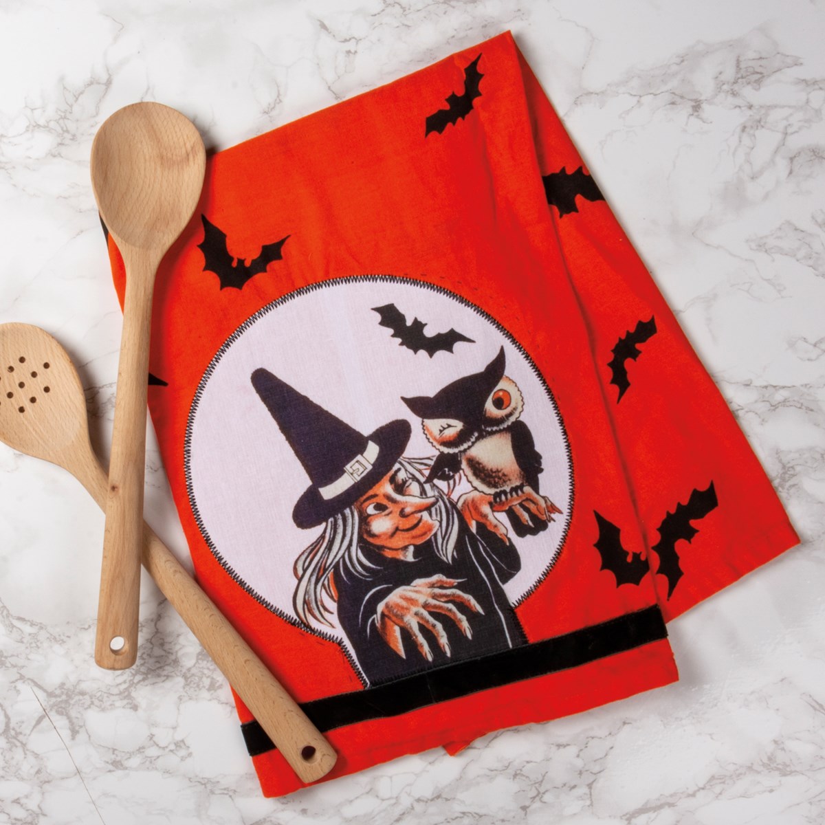 Retro Witch and Owl Halloween Kitchen Towel