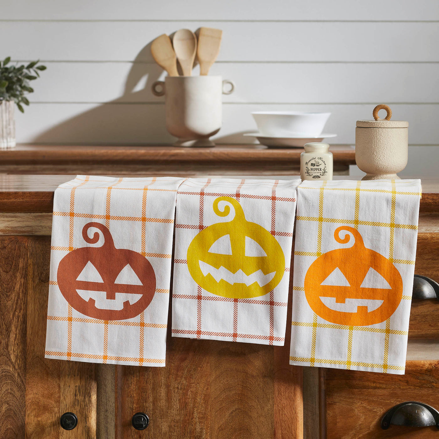 Set of 3 Country Halloween Jack O' Lanterns Tea Towels