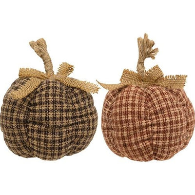 Set of 2 Small Country Plaid Fabric Pumpkin