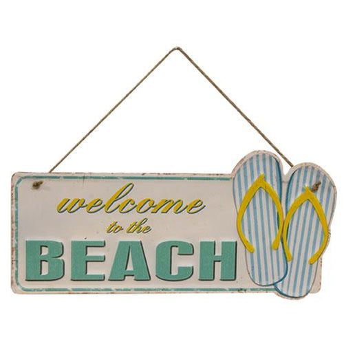 Welcome To The Beach Flipflops Hanging Metal Sign