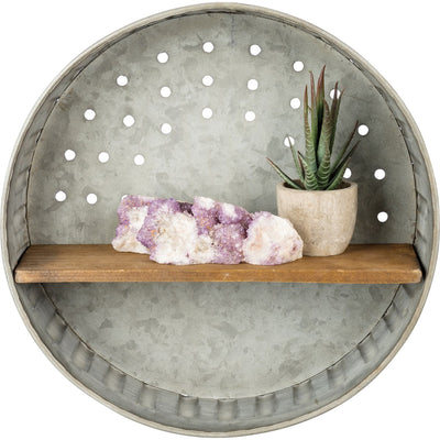 Rustic Round Wall Shelf 12" Galvanized Metal and Wood