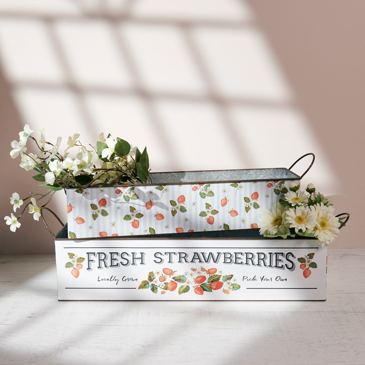 Set of 2 Fresh Strawberries Tin Bins