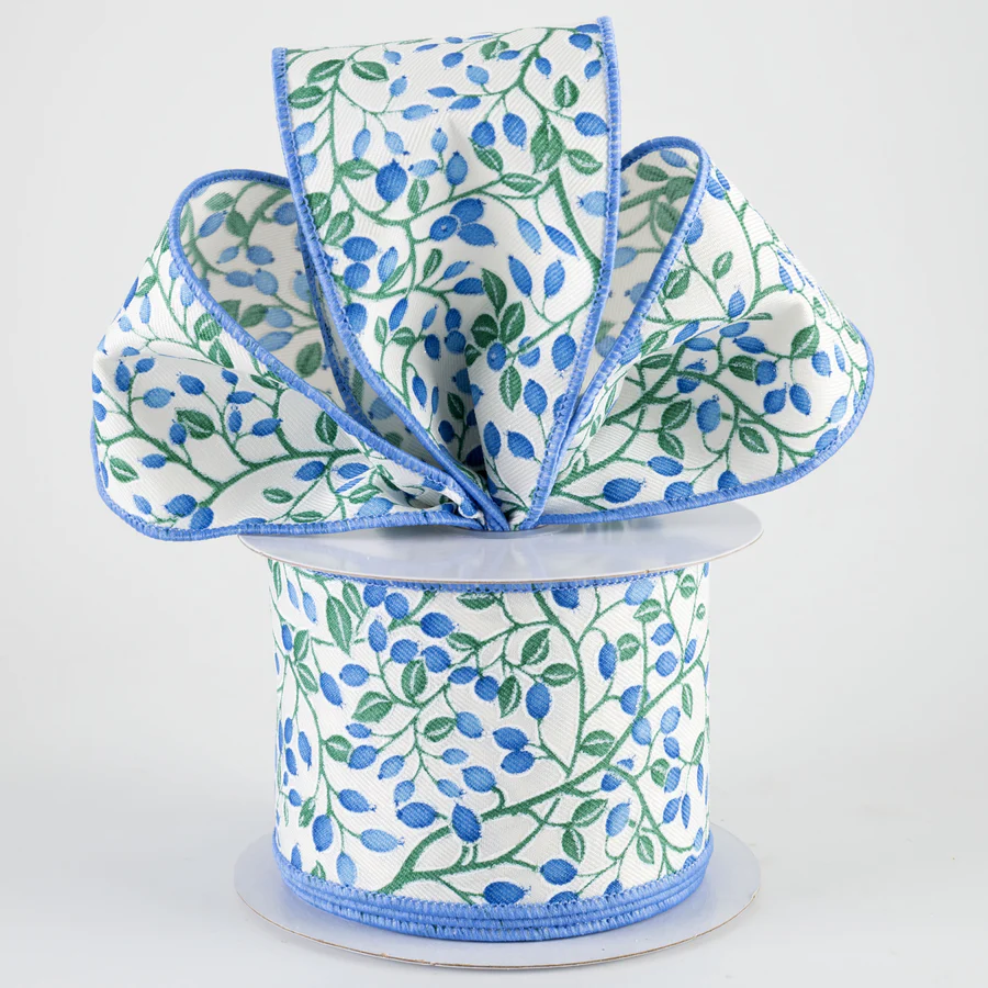 💙 Mini Blue Berries on Green Vines Ribbon 2.5" x 10 yards