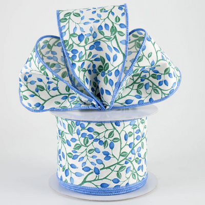 💙 Mini Blue Berries on Green Vines Ribbon 2.5" x 10 yards