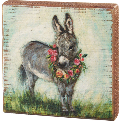 🎄💙 Floral Donkey 5" Small Wooden Block Sign