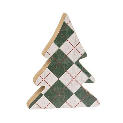 Set of 2 Distressed Wooden Plaid Mini Christmas Trees