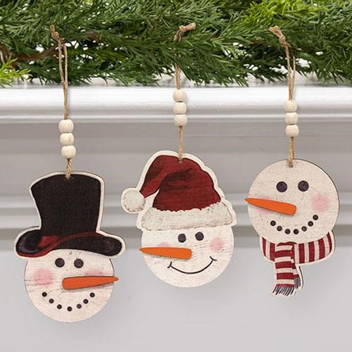 Set of 3 Weathered Wood Look Beaded Snowmen Ornaments