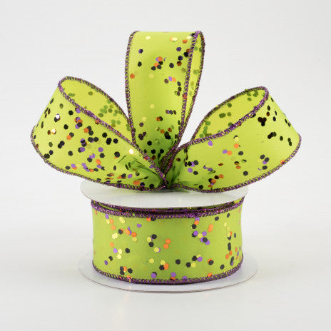💙 Halloween Sprinkled Hex Glitter on Lime Ribbon 1.5" x 10 yards