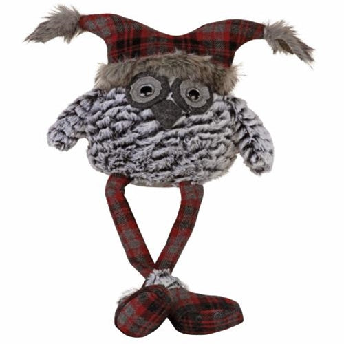 Fuzzy Dangle Leg Owl With Red & Dark Gray Plaid Hat