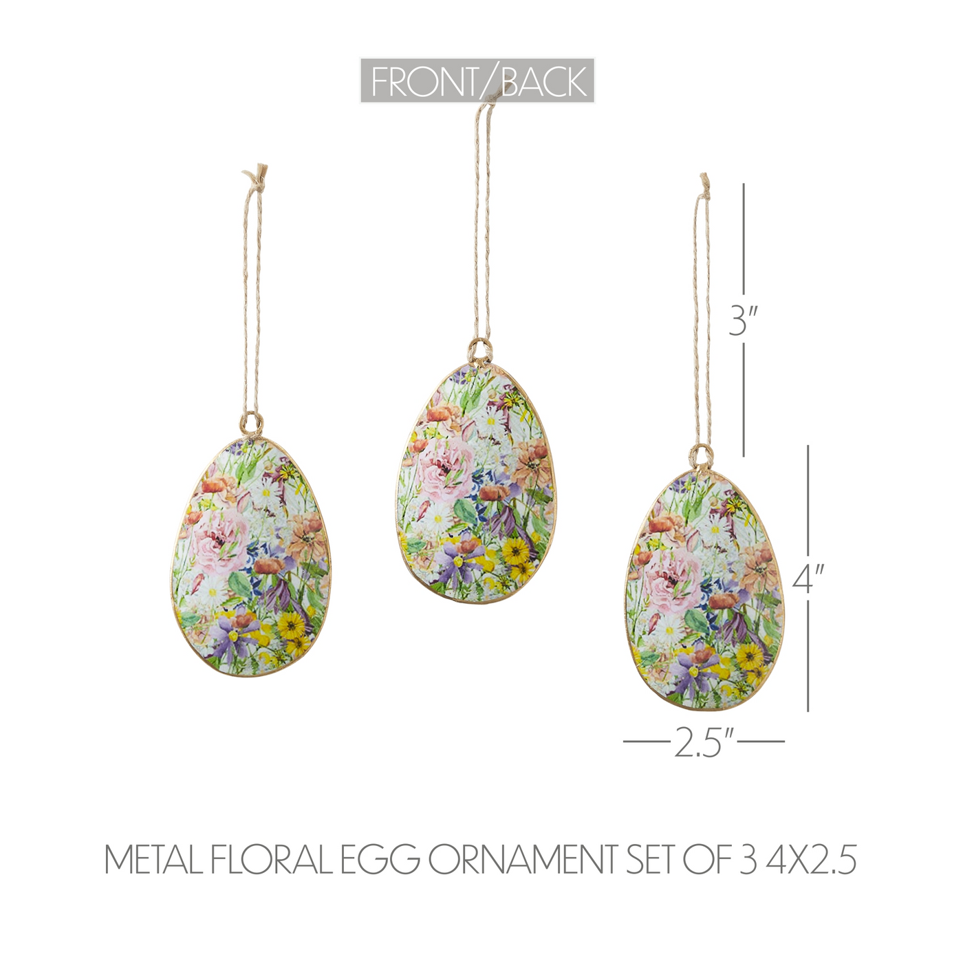 Set of 3 Spring In Bloom Metal Floral Egg Ornaments