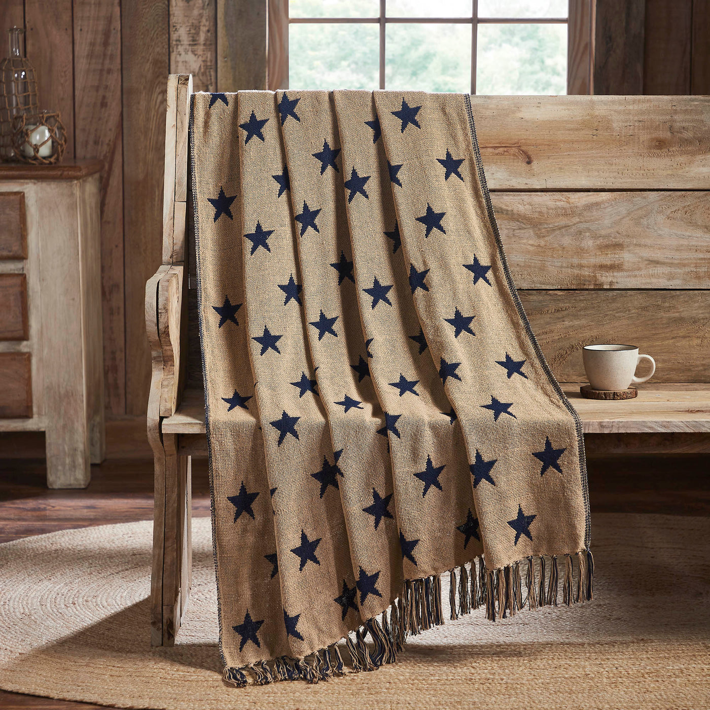 Americana Navy and Khaki Jacquard Stars Woven Double Sided Throw