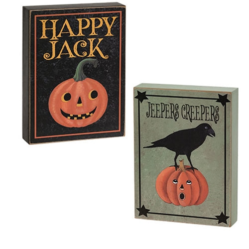 Set of 2 Happy Jack and Jeepers Creepers Retro Halloween Box Signs