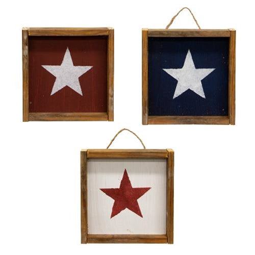 Set of 3 Rustic Wood Framed Hanging Star Block Signs 6.5"