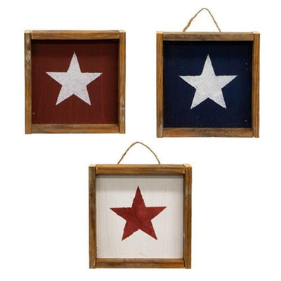 Set of 3 Rustic Wood Framed Hanging Star Block Signs 6.5"