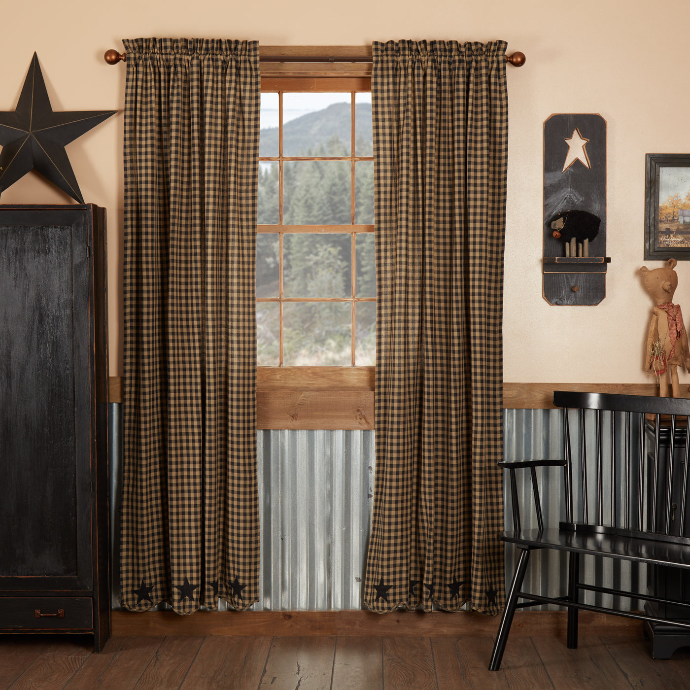 Set of 2 Black Star Scalloped Panel Curtains 84'' x 40''