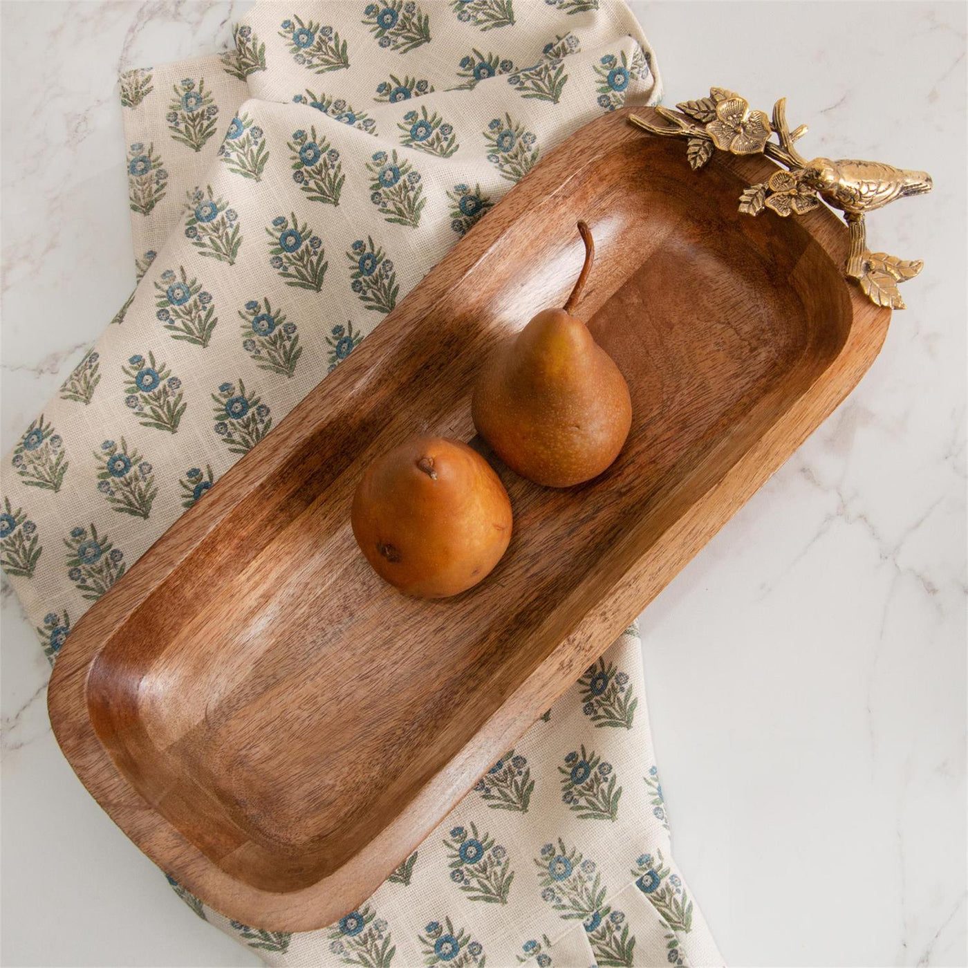 Wood Dough Bowl with Brass Bird Handle