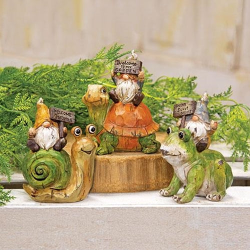 Set of 3 Gnome Riding Critters Figures Snail Frog Turtle