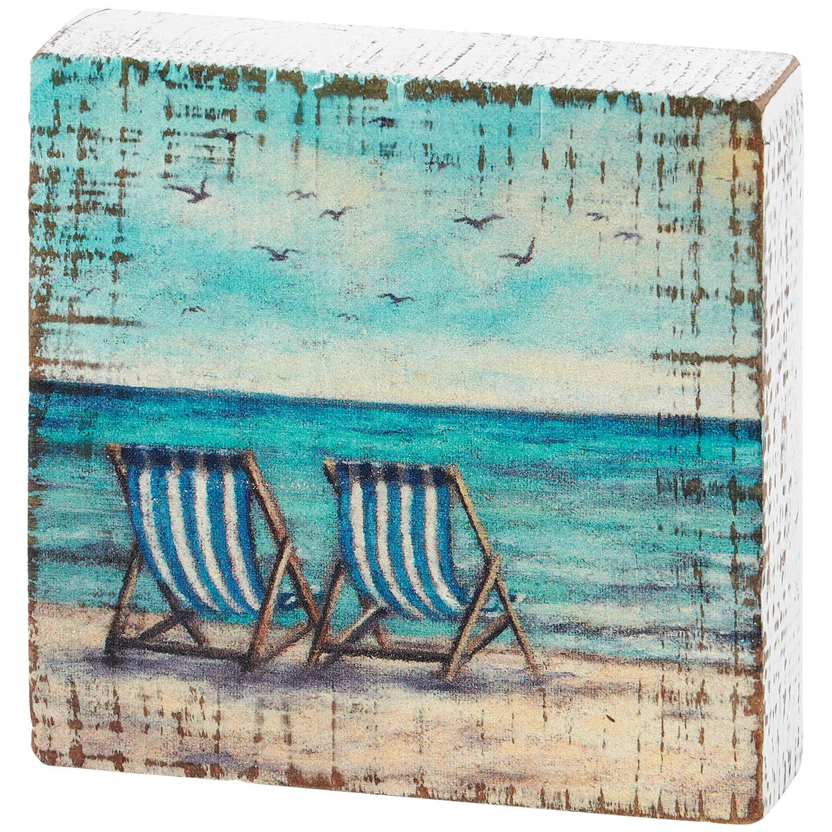 Striped Beach Chairs At Ocean 4" Small Block Sign