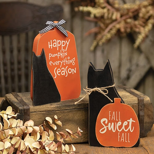 💙 Set of 2 Fall Sayings Cat & Pumpkin Wooden Fall Sitters