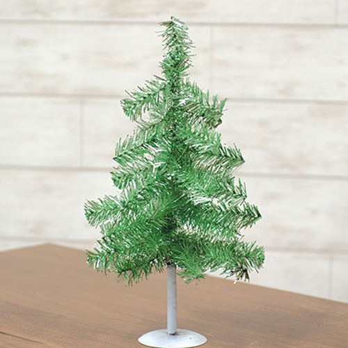 Green Tinsel Christmas Tree on Distressed White Metal Base 16"H