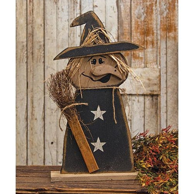 Rustic Wood Witch with Broom on Base 24" H