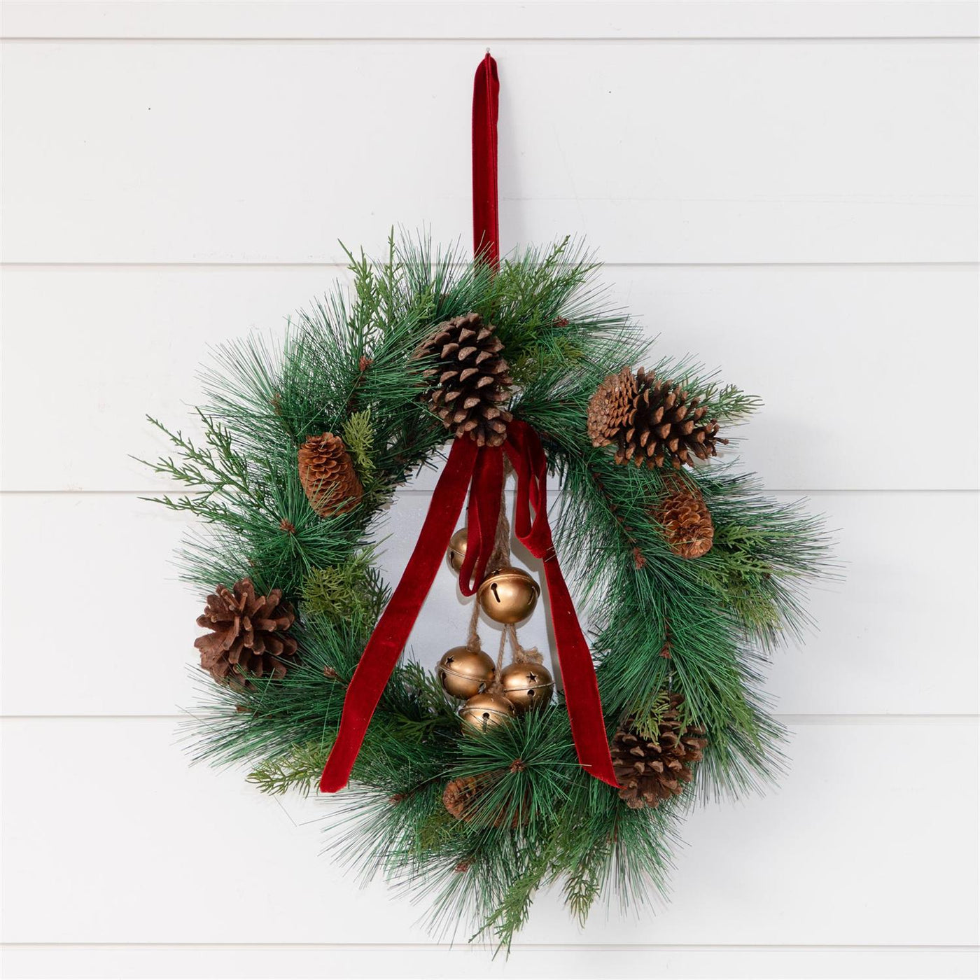 Pine With Velvet Ribbon And Gold Bells 20" Faux Christmas Wreath