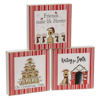 💙 Set of 3 Christmas Dog Sentiments 4" Square Block Signs