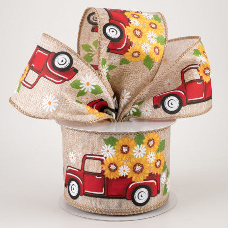 💙 Red Truck with Sunflowers on Natural Ribbon 2.5" x 10 Yards