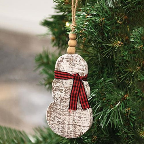 Rustic Snowman with Scarf Wood Beaded Ornament
