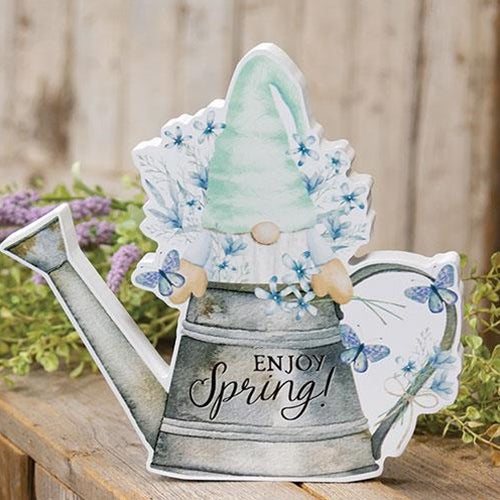 Enjoy Spring Gnome in Watering Can Chunky Sitter 9.5" H