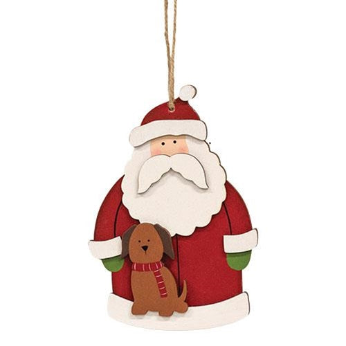 Santa With Puppy Dog Wooden Ornament