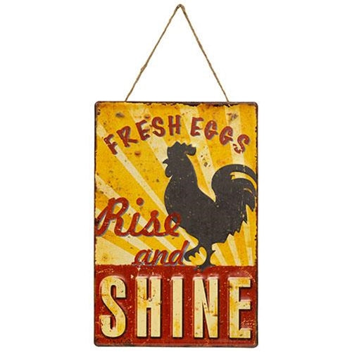 Fresh Eggs Rise and Shine Hanging Metal Sign
