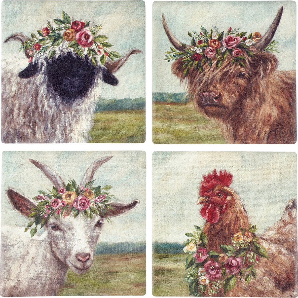 Set of 4 Floral Crown Farmhouse Animal Coaster Set