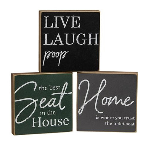 Set of 3 Humorous Bathroom 4" Wooden Block Signs