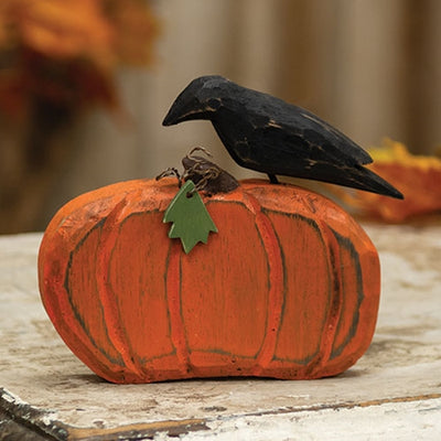 Distressed Carved Wooden Crow on Pumpkin Sitter