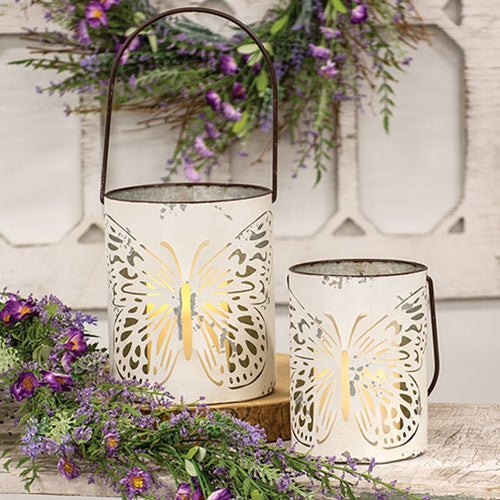 Set of 2 Butterfly Cutout White Metal Buckets