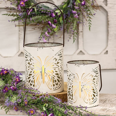 Set of 2 Butterfly Cutout White Metal Buckets