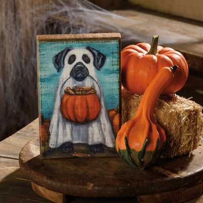 🫐 BLUEBERRY DAYS 💙 Ghost Dog 6" Wooden Halloween Block Sign