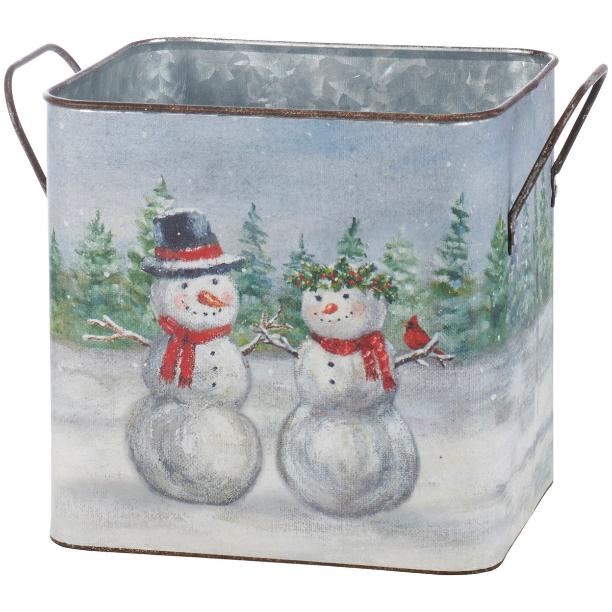 Set of 2 Snow Family Snowmen Winter Scene Metal Bins