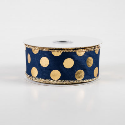 💙 Navy Blue and God Metallic Polka Dots Ribbon 1.5" x 10 yards