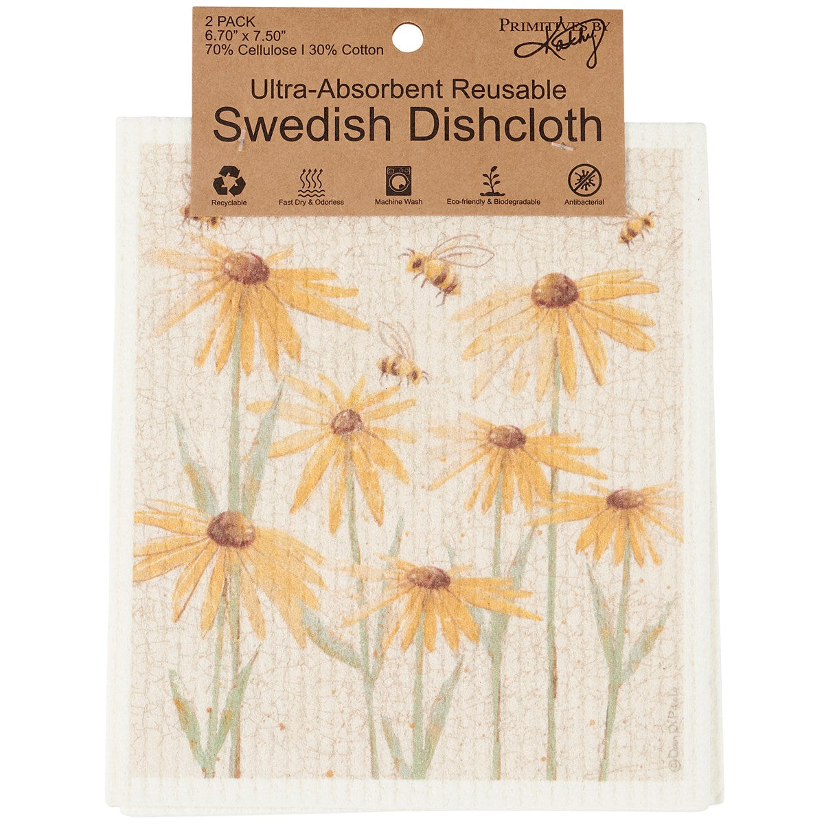 Set of 2 Rustic Floral Swedish Dishcloth Set