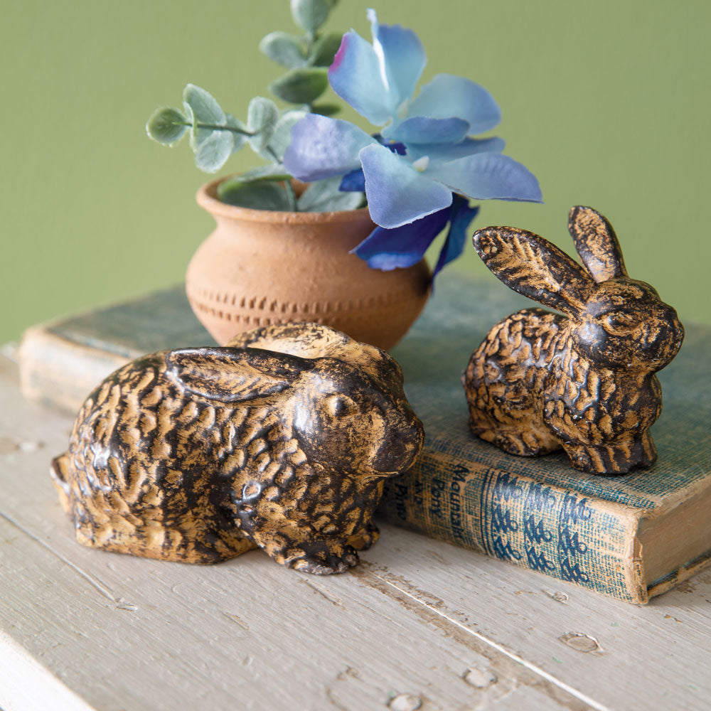 Set of Two Rustic Bunny Cast Iron Figurines