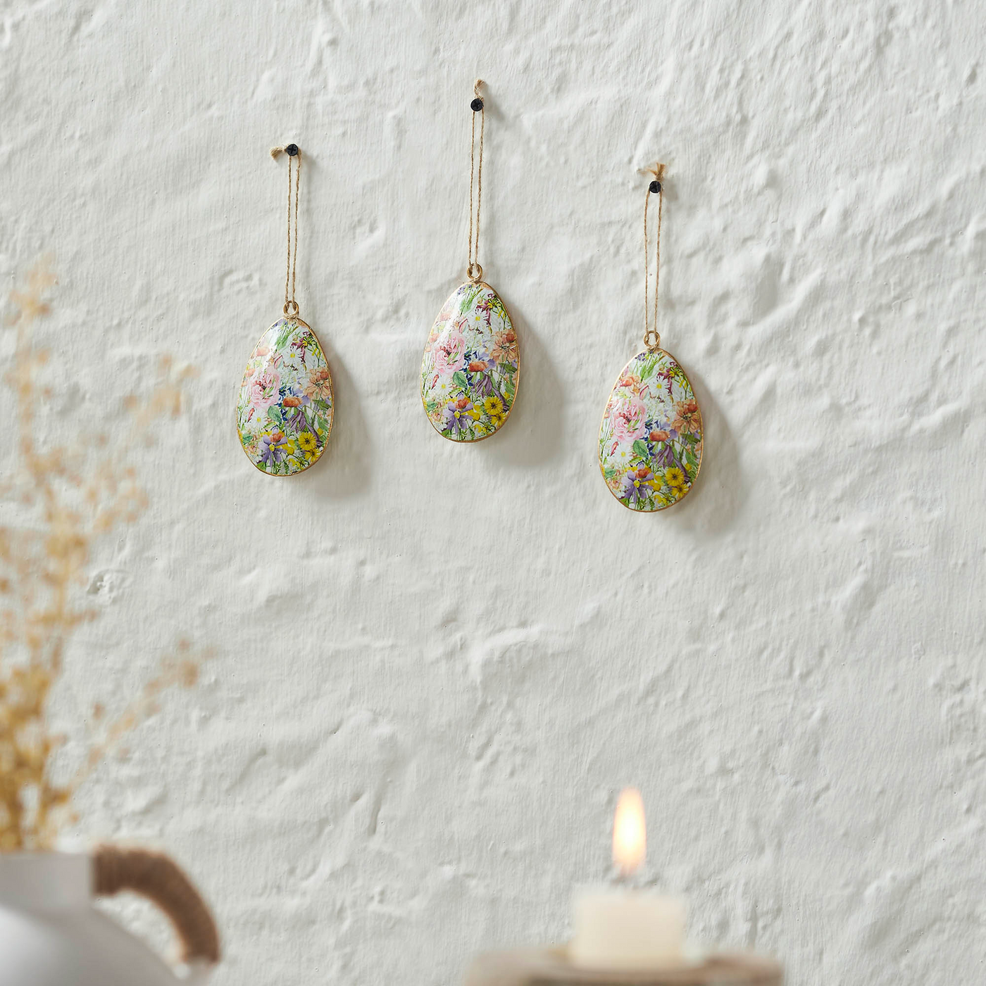 Set of 3 Spring In Bloom Metal Floral Egg Ornaments