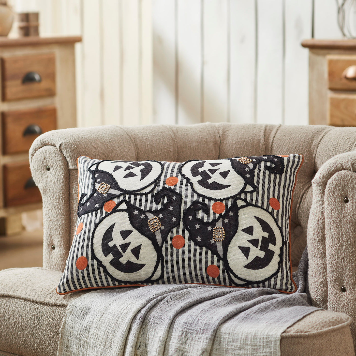 Witchy Pumpkins Striped Accent Pillow