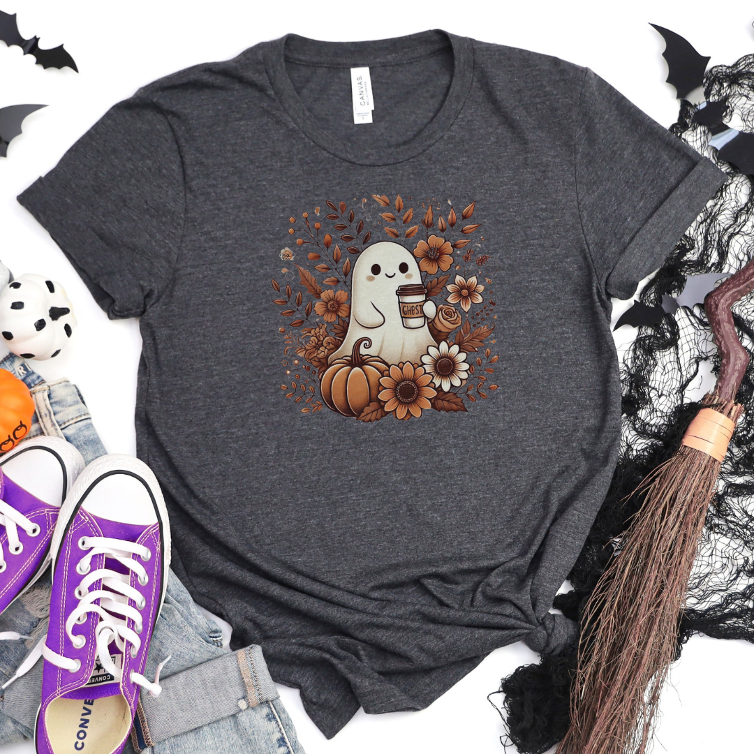 Floral Ghost With Coffee Halloween T-Shirt